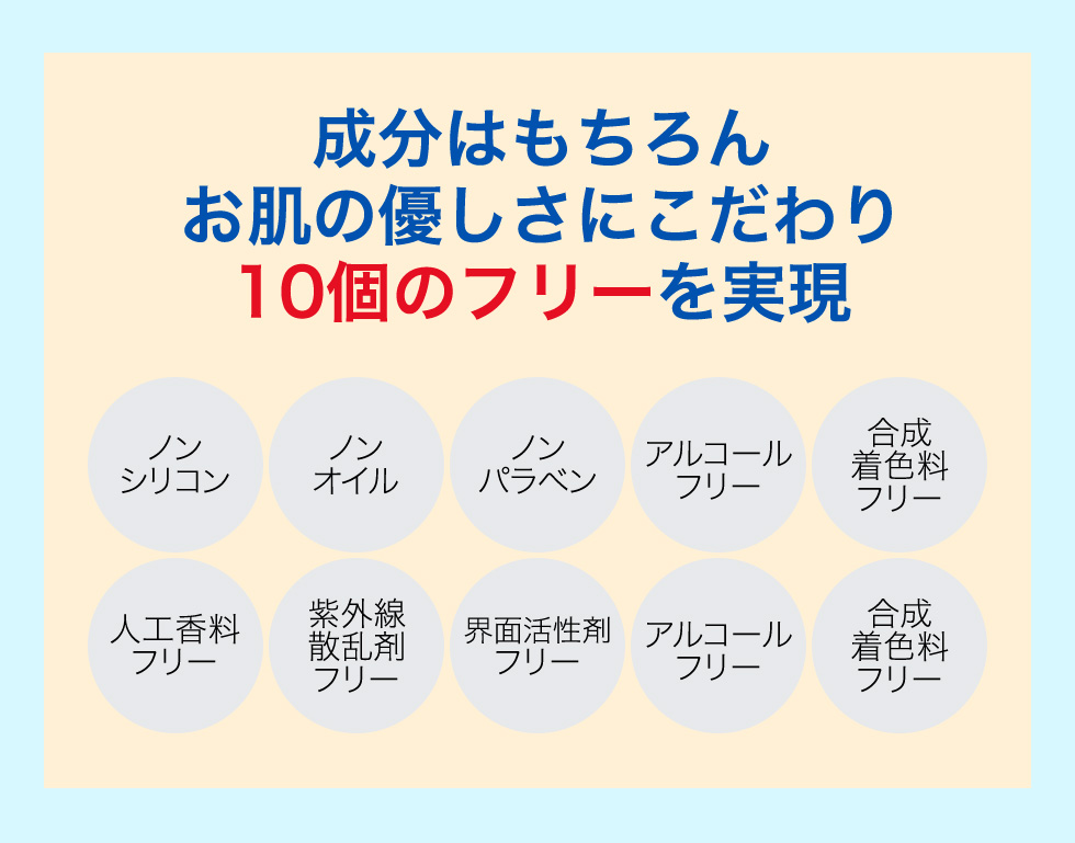 成分はもちろん お肌の優しさにこだわり 10個のフリーを実現