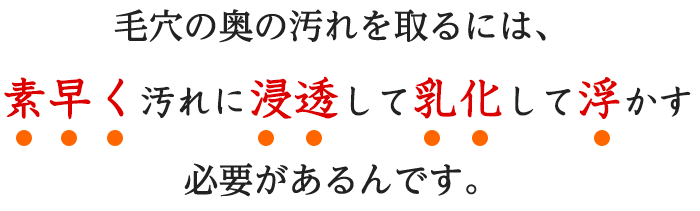 毛穴の奥の汚れを取るには、素早く汚れに浸透して溶かして浮かす必要があるのです。