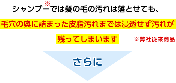 シャンプーでは髪の毛の汚れは落とせても、毛穴の奥に詰まった皮脂汚れまでは浸透せず汚れが残ってしまいます。さらに