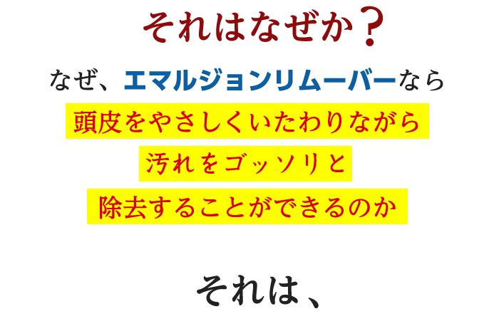 それはなぜか？なぜ、エマルジョンリムーバーなら頭皮をやさしくいたわりながら頭皮の毛穴汚れを奥底からゴッソリ除去することができるのかそれは