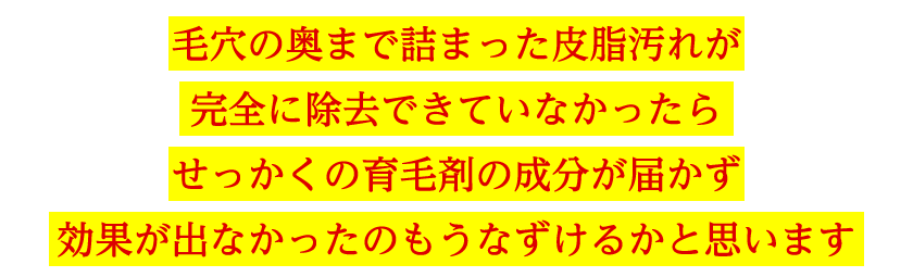 毛穴の奥まで詰まった皮脂汚れが完全に除去できていなかったらせっかくの育毛剤の成分が届かず効果が出なかったのもうなずけるかと思います